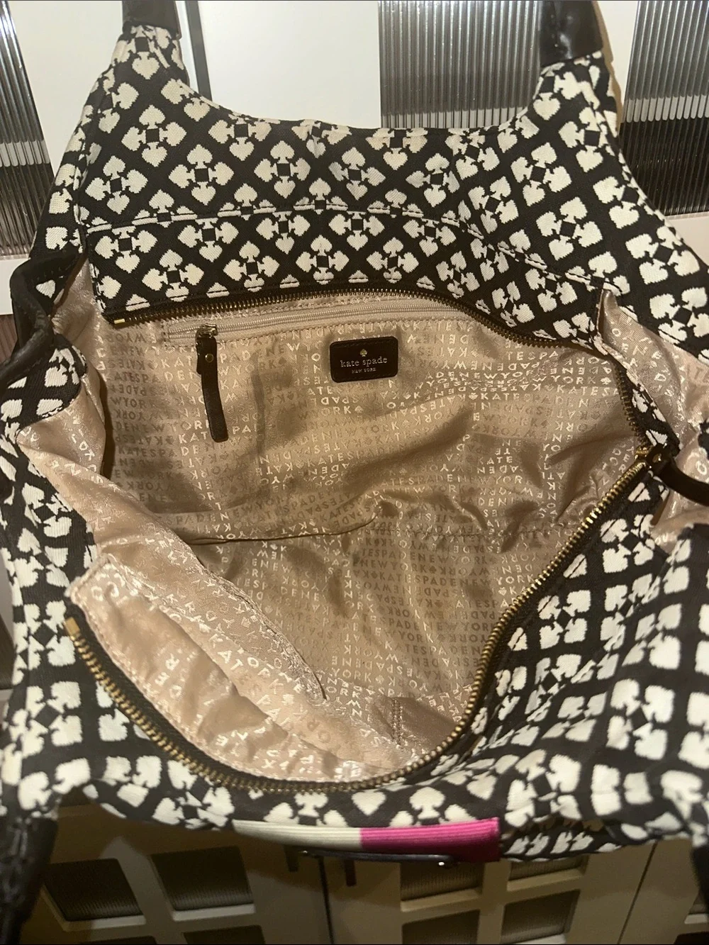 kate spade Black & White Pattern Shoulder Bag with Pink Stripe